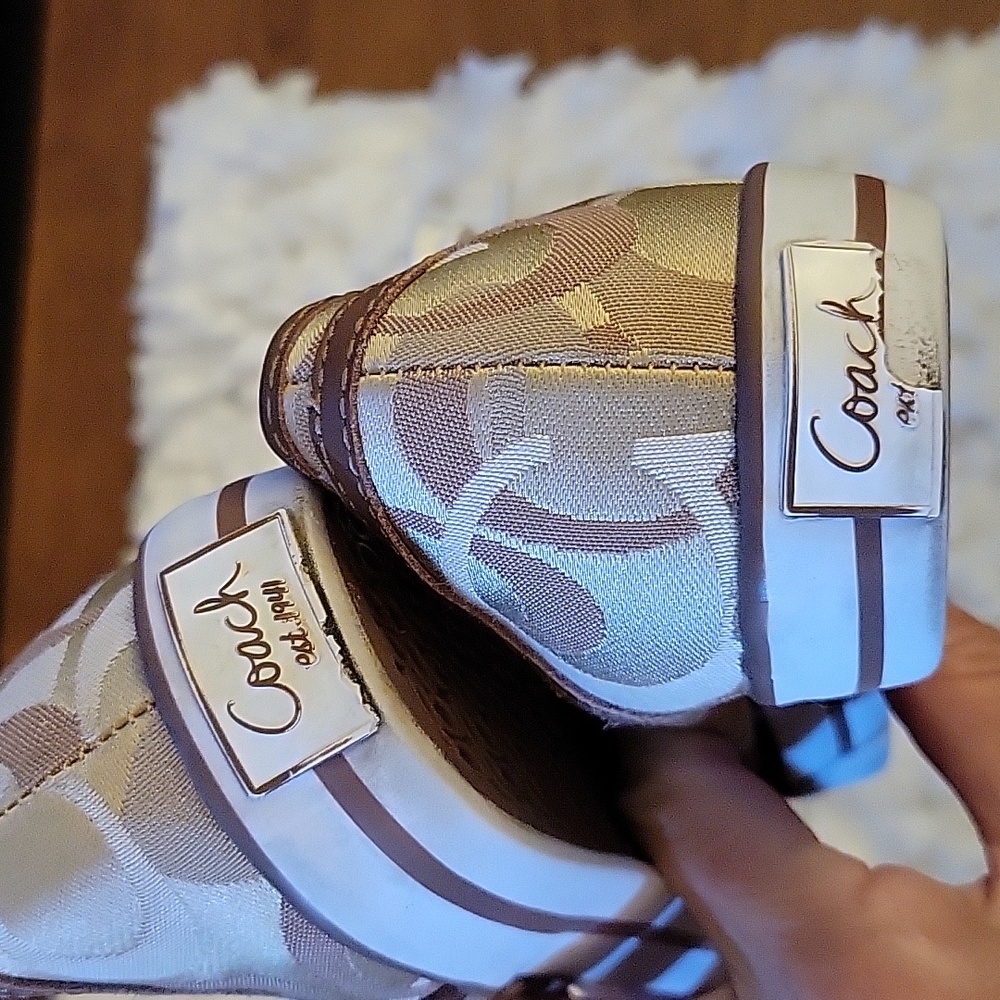 Coach brown taupe cream white logo sneakers lace up leather trim size 6 B EUC… - Picture 6 of 9